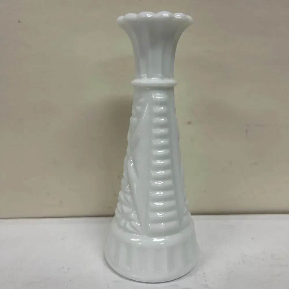 Small White Vintage Milk Glass Bud Vase Intricate Design 6”